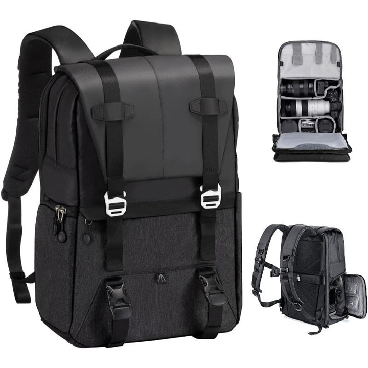 Camera backpack with individual compartment system and ergonomic design