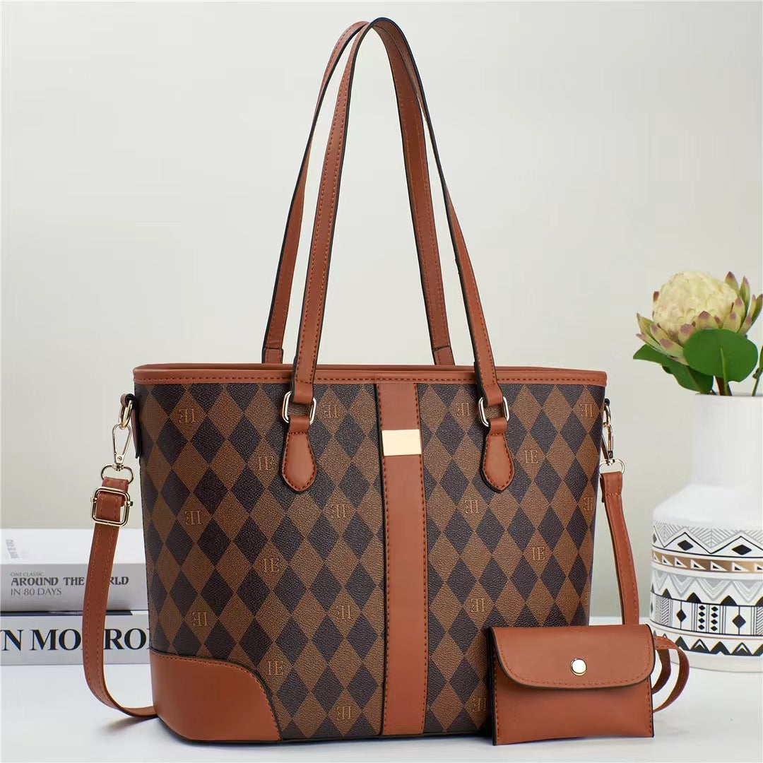Women practical tote handbag with stylish check pattern and detachable mini clutch