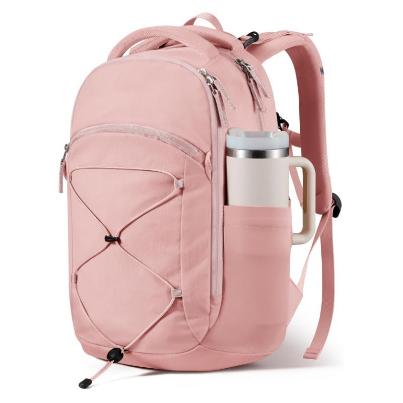 Multifunctional backpack with drink compartment and elastic lacing