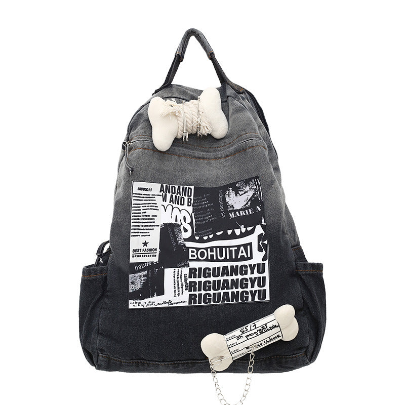 Creative Graphic Print Denim School Backpack