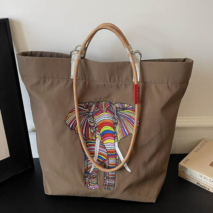 Women's casual tote bag with colorful elephant motif