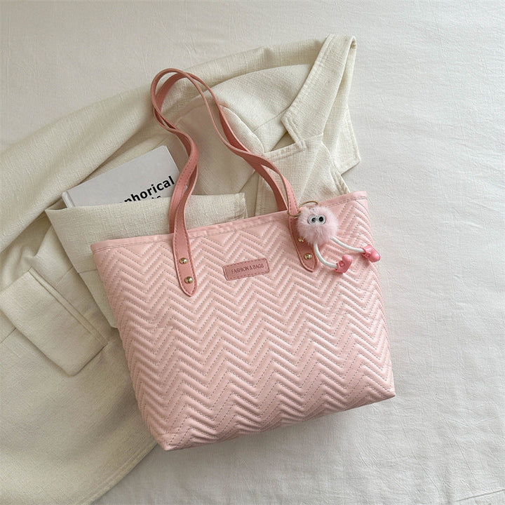Women Leisure Tote Bag with Textured Wave Pattern and Charming Charm
