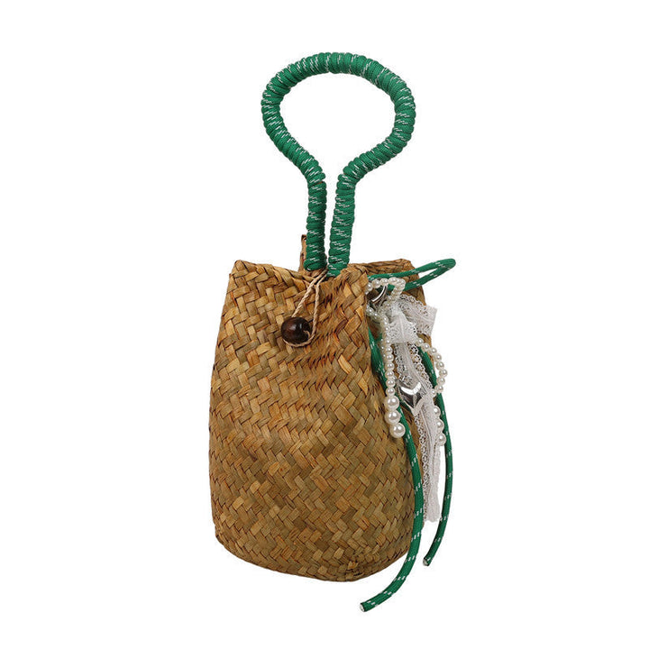 Women's hand-woven shoulder bag with decorative drawstring