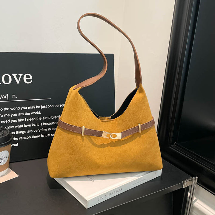 Ladies fashionable suede shoulder bag with contrasting strap