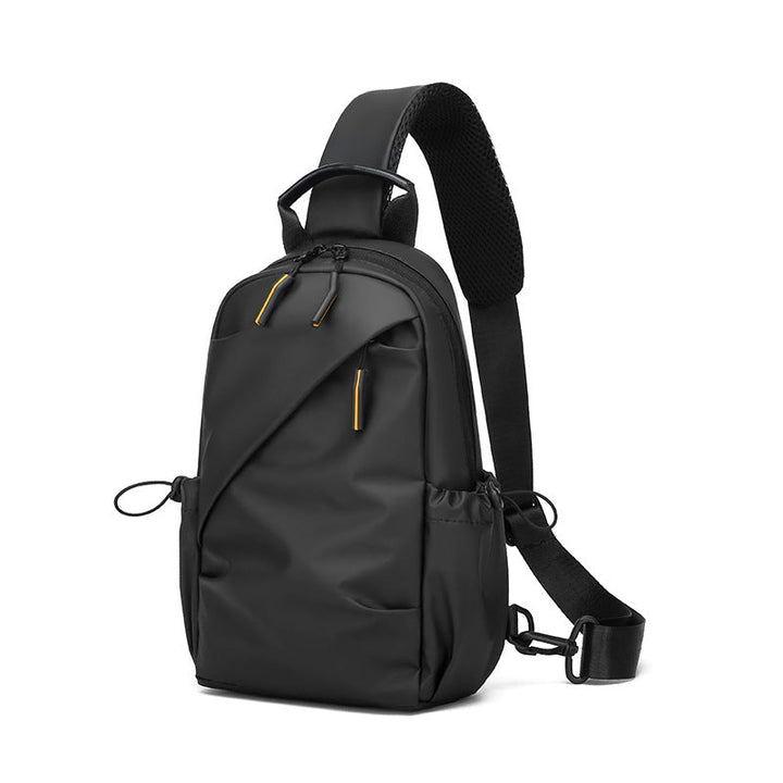Sling backpack with flexible compartment layout and water-repellent material