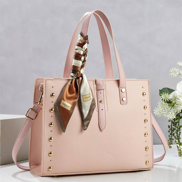 Ladies elegant tote bag with golden studs and fashionable scarf
