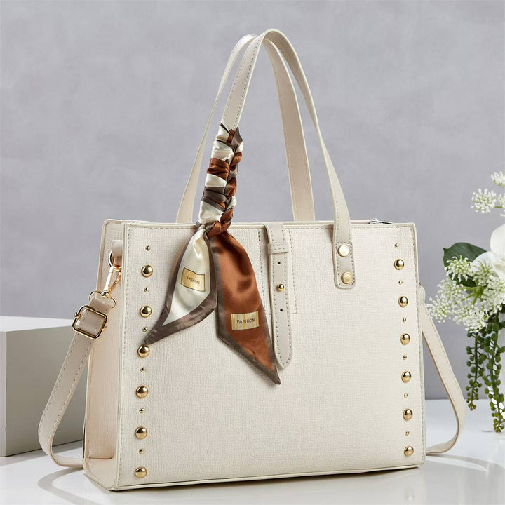 Ladies elegant tote bag with golden studs and fashionable scarf