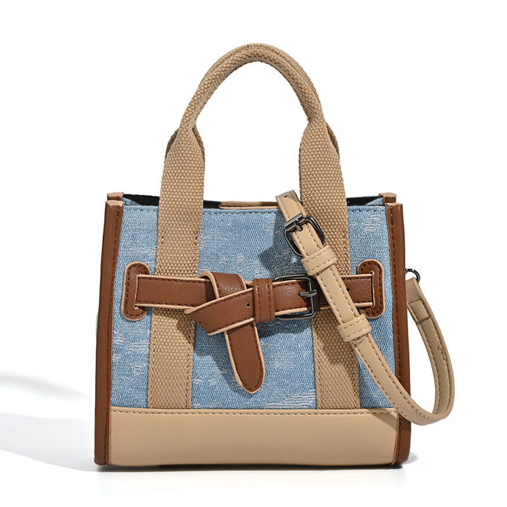 Women's mini handbag with trendy denim elements and practical drawstring