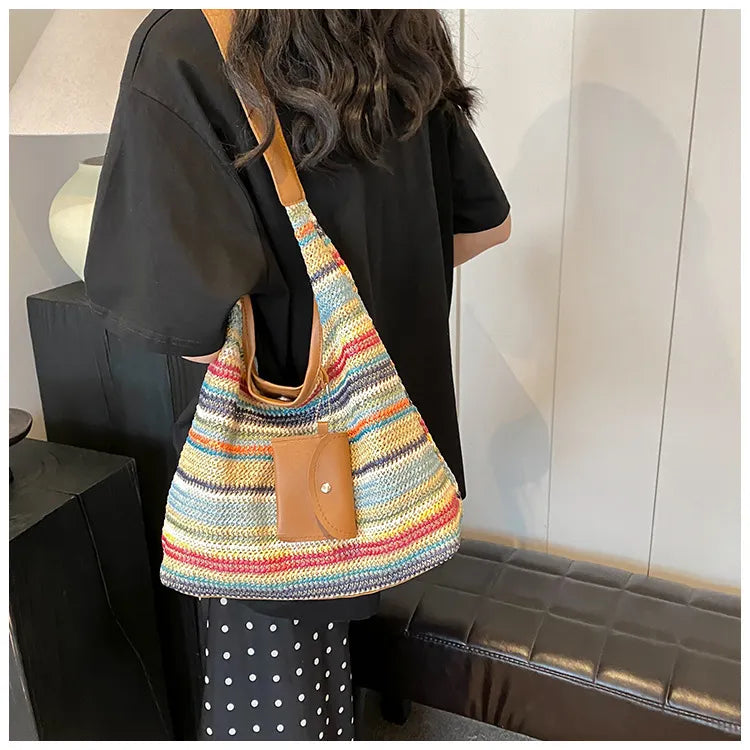 Colorful shoulder bag made of cotton with a practical additional pocket