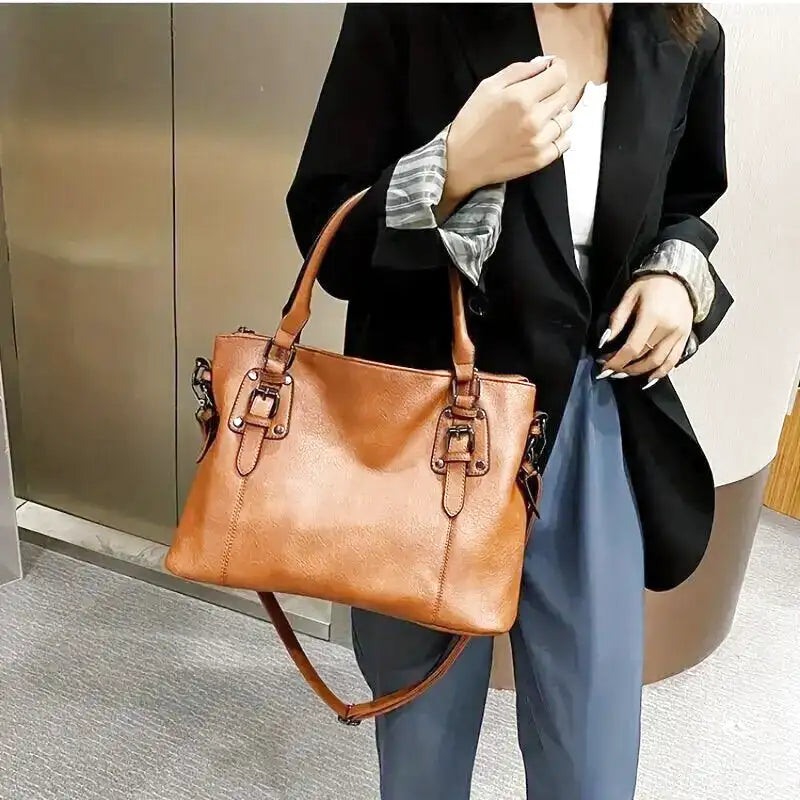 Large Capacity Vintage Soft Leather Handbag with Shoulder Strap