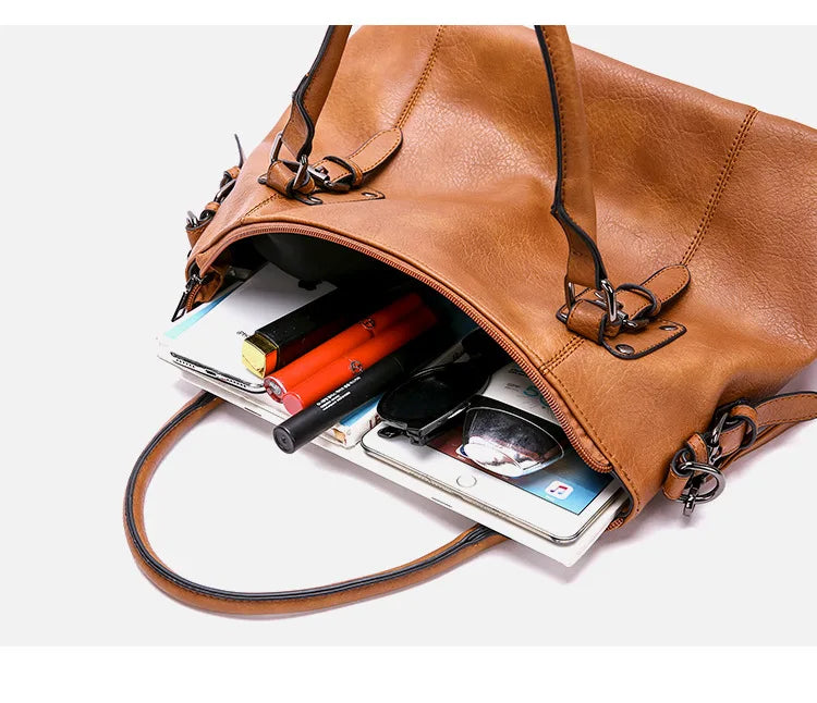 Large Capacity Vintage Soft Leather Handbag with Shoulder Strap