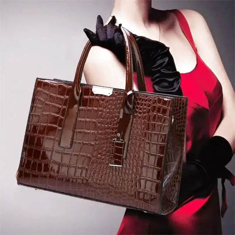 Large Capacity Crocodile Patent Leather Handbag