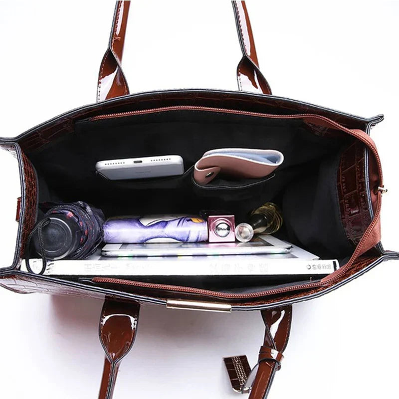 Large Capacity Crocodile Patent Leather Handbag