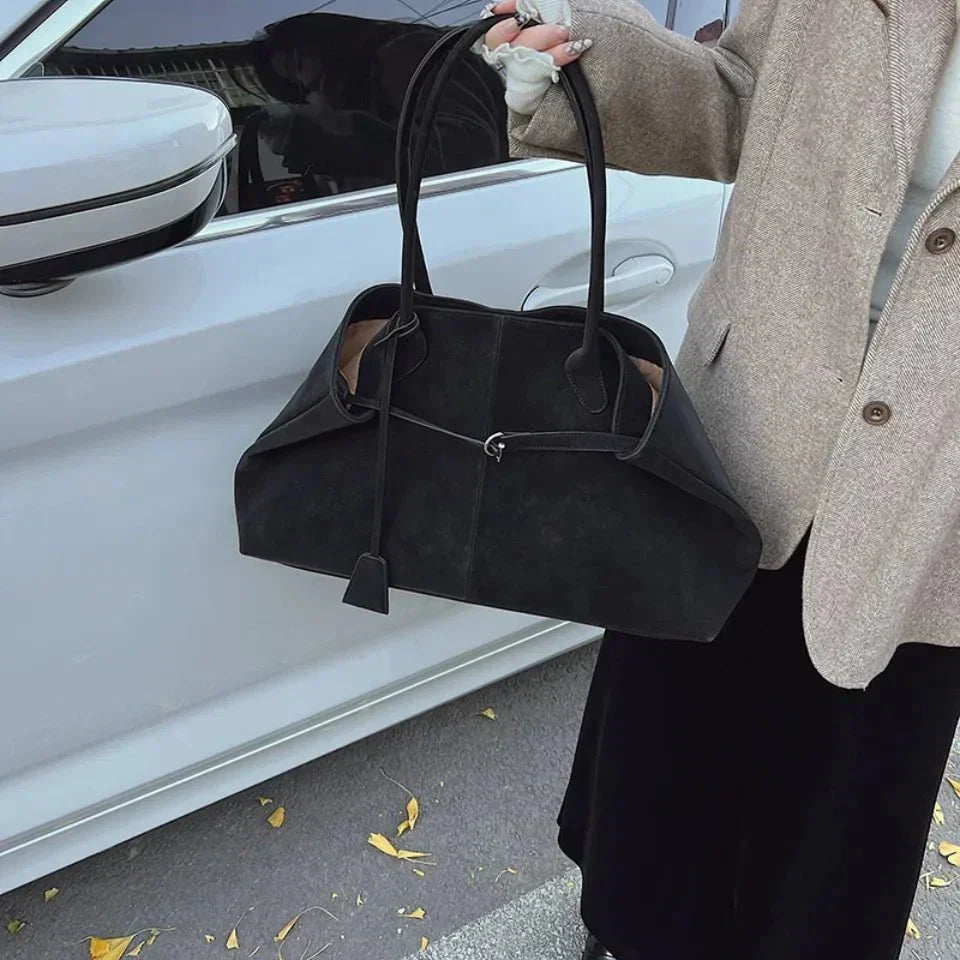Large suede shoulder bag, women's work tote bag with binding detail