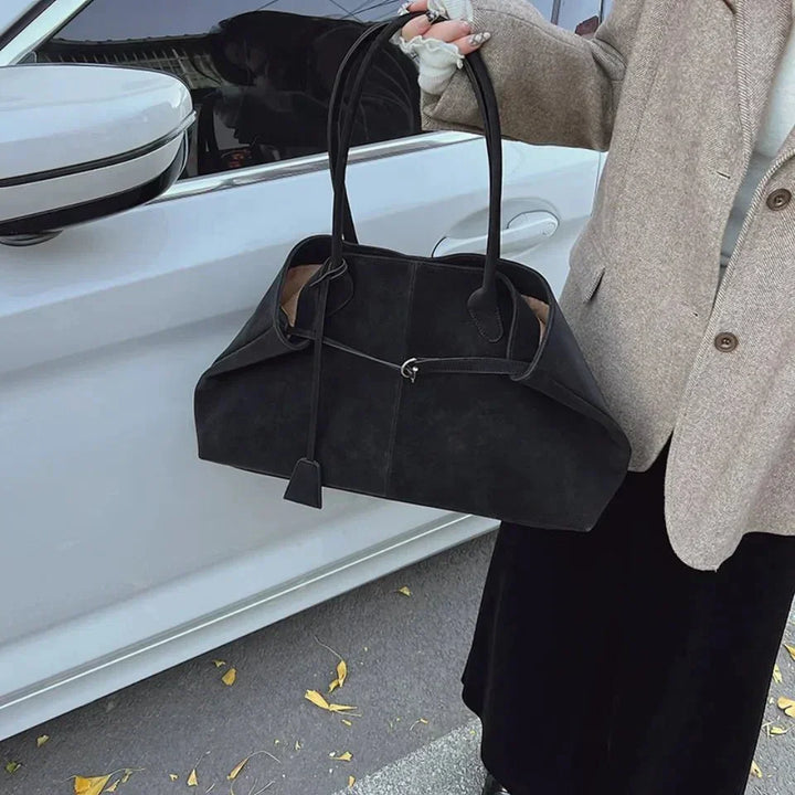 Large suede shoulder bag, women's work tote bag with binding detail
