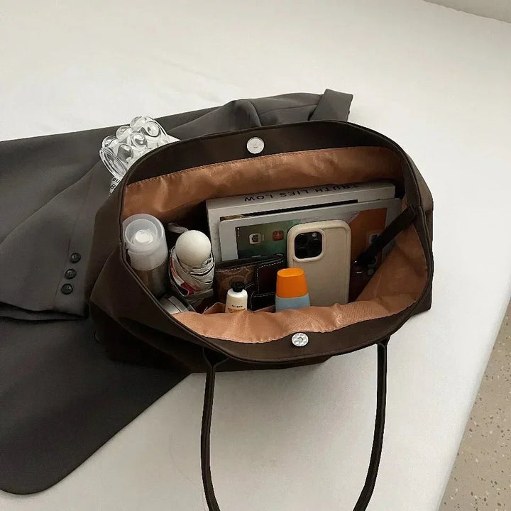 Large suede shoulder bag, women's work tote bag with binding detail