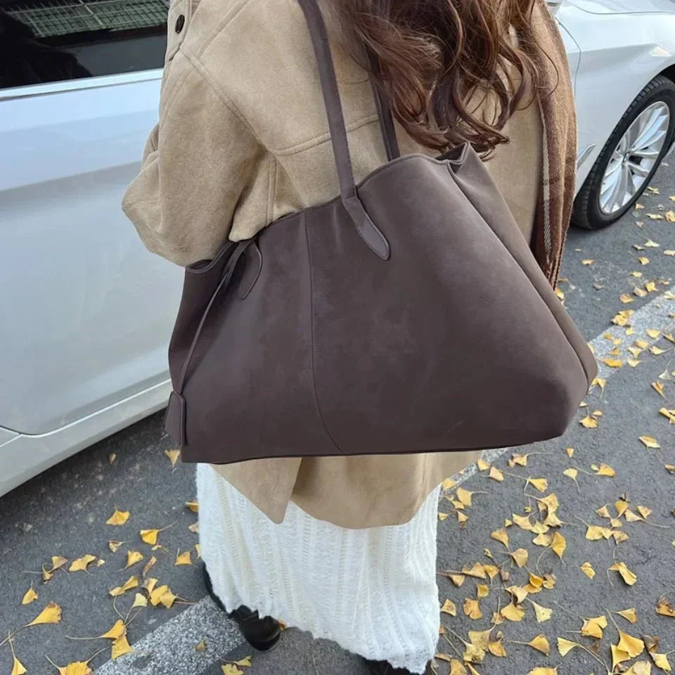 Large suede shoulder bag, women's work tote bag with binding detail
